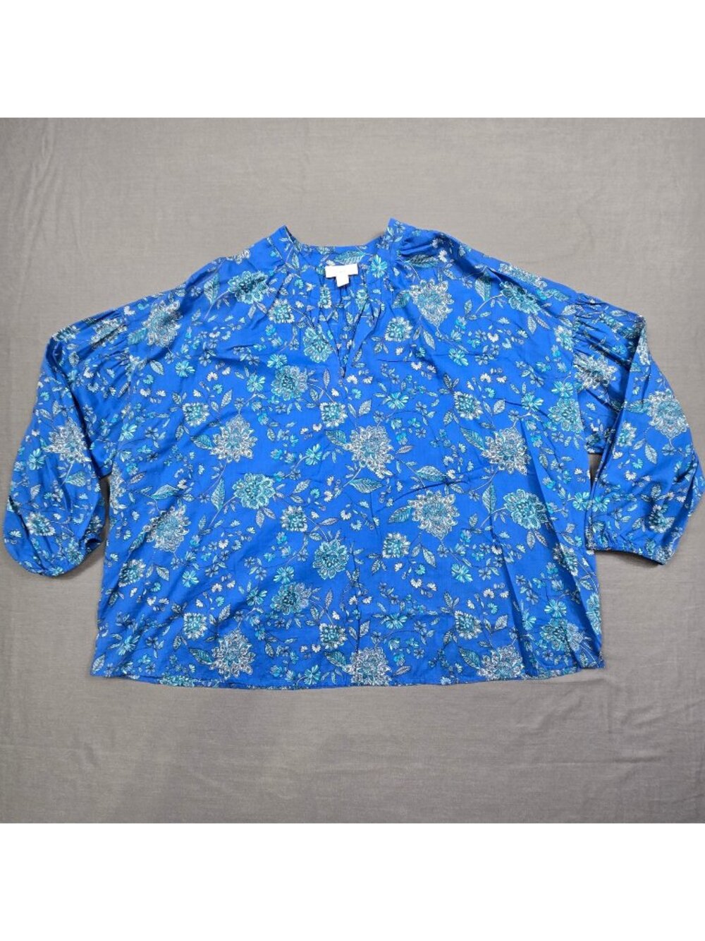 J Jill Womens Medium Blouse Blue Floral Long Sleeve Lightweight 100% Cotton